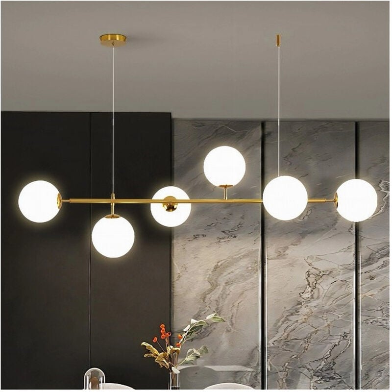 foto del prodotto trade shop traesio lampadario a sospensione oro con 6 sfere bolle bianche in vetro attacco g9 33726 