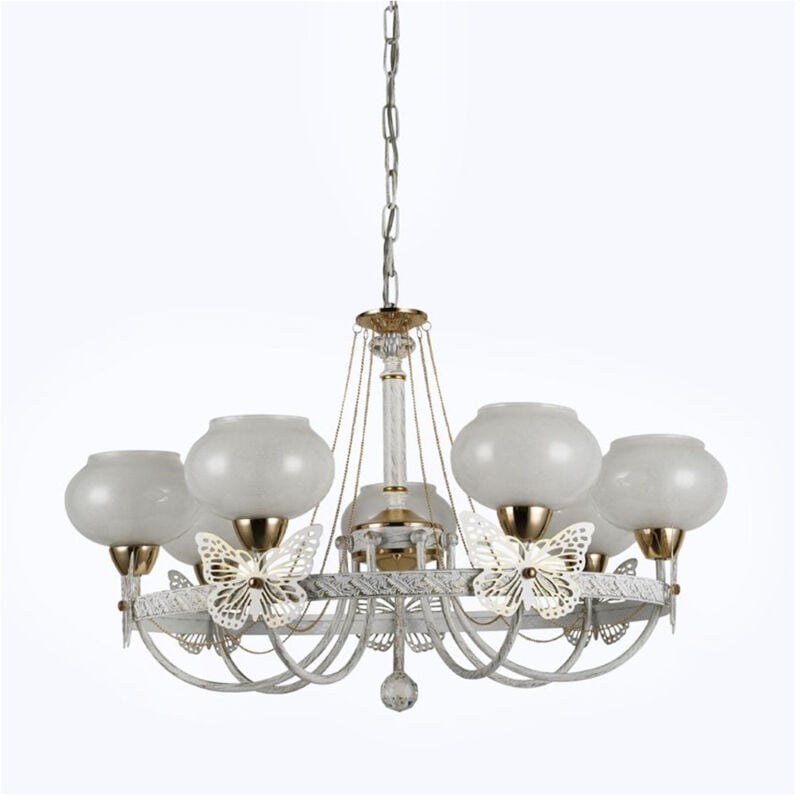 foto del prodotto trade shop traesio lampadario classico bianco anticato shabby chic lampada 7 coppe con farfalle 92433 