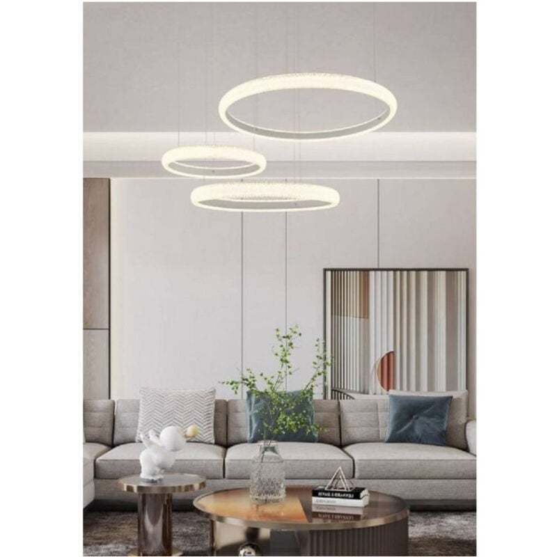 foto del prodotto trade shop traesio lampadario led 60w a sospensione 3 anelli cristalli luce 3000k 6500k 4000k lp 39b bianco naturale 