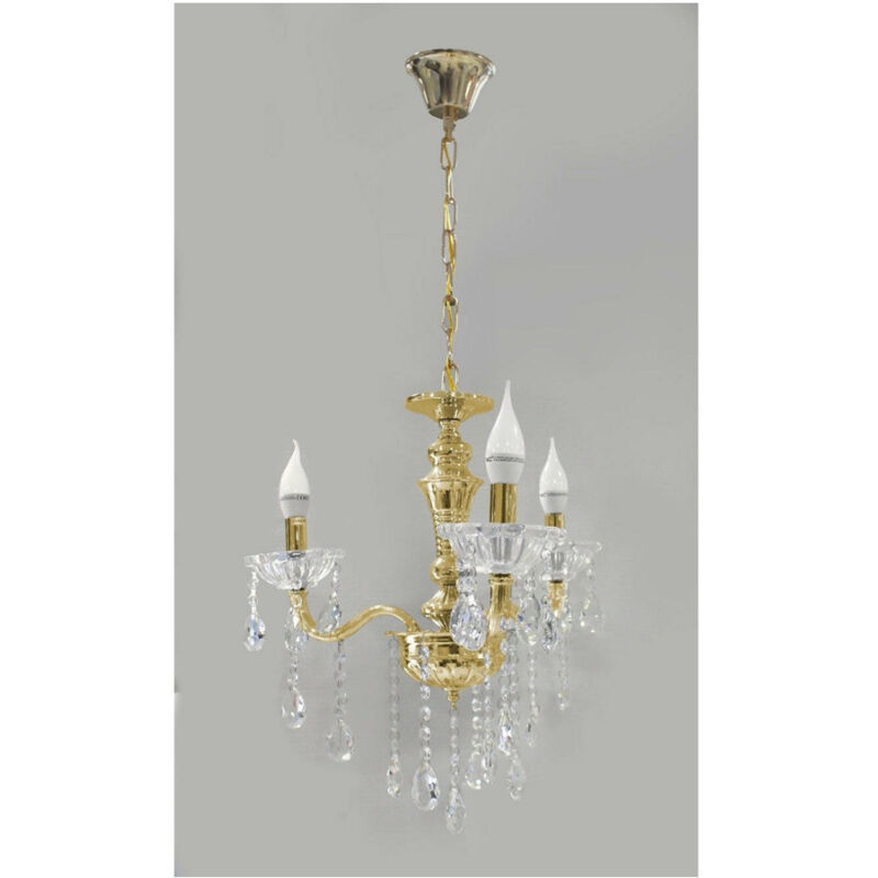 foto del prodotto trade shop traesio lampadario soffitto 3 bracci a sospensione con catena gocce pendenti lampada a26 oro