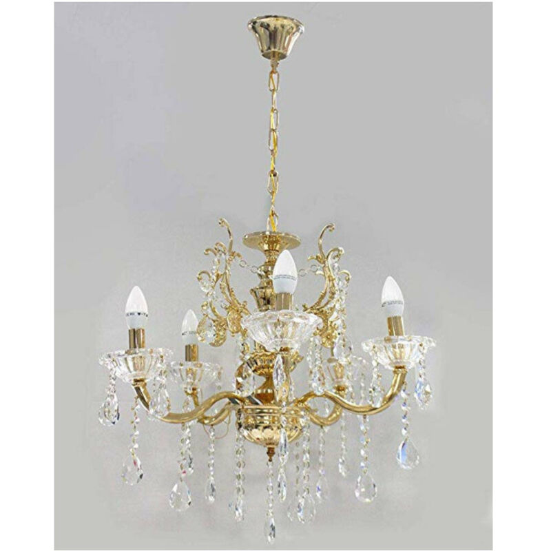 foto del prodotto trade shop traesio lampadario soffitto 5 bracci a sospensione con catena gocce pendenti lampada a12 oro