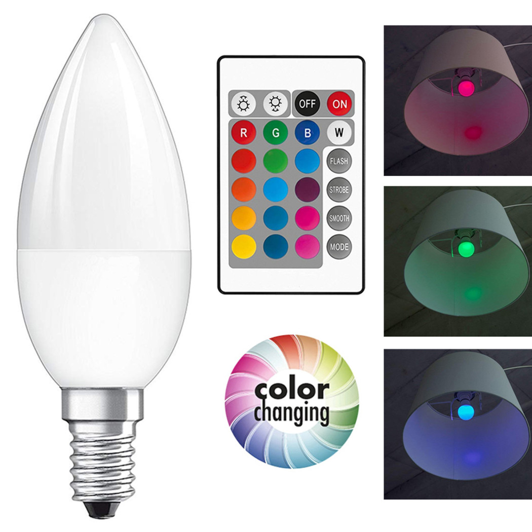 foto del prodotto trade shop traesio lampadina led rgb bulbo e14 da 4,5w 2700k 250 lumen cambio colore e telecomando 