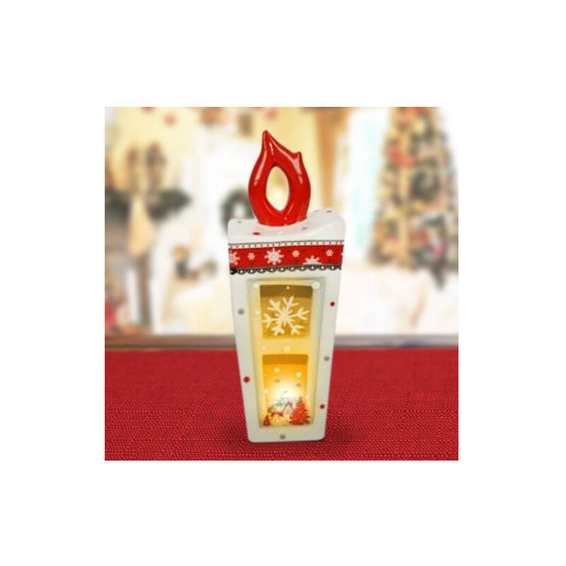 foto del prodotto trade shop traesio lanterna in ceramica candela con lumino elettrico 34 cm decorazioni natalizie 