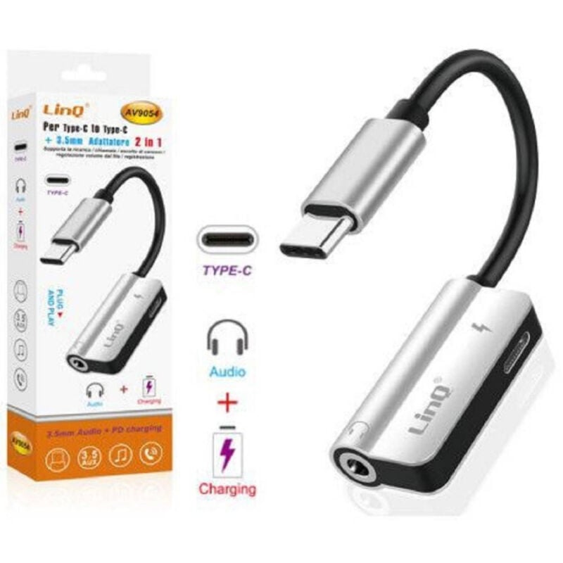 foto del prodotto trade shop traesio linq adattatore 2in1 da type c a type c pd ricarica jack audio 3,5mm cuffie av9054 