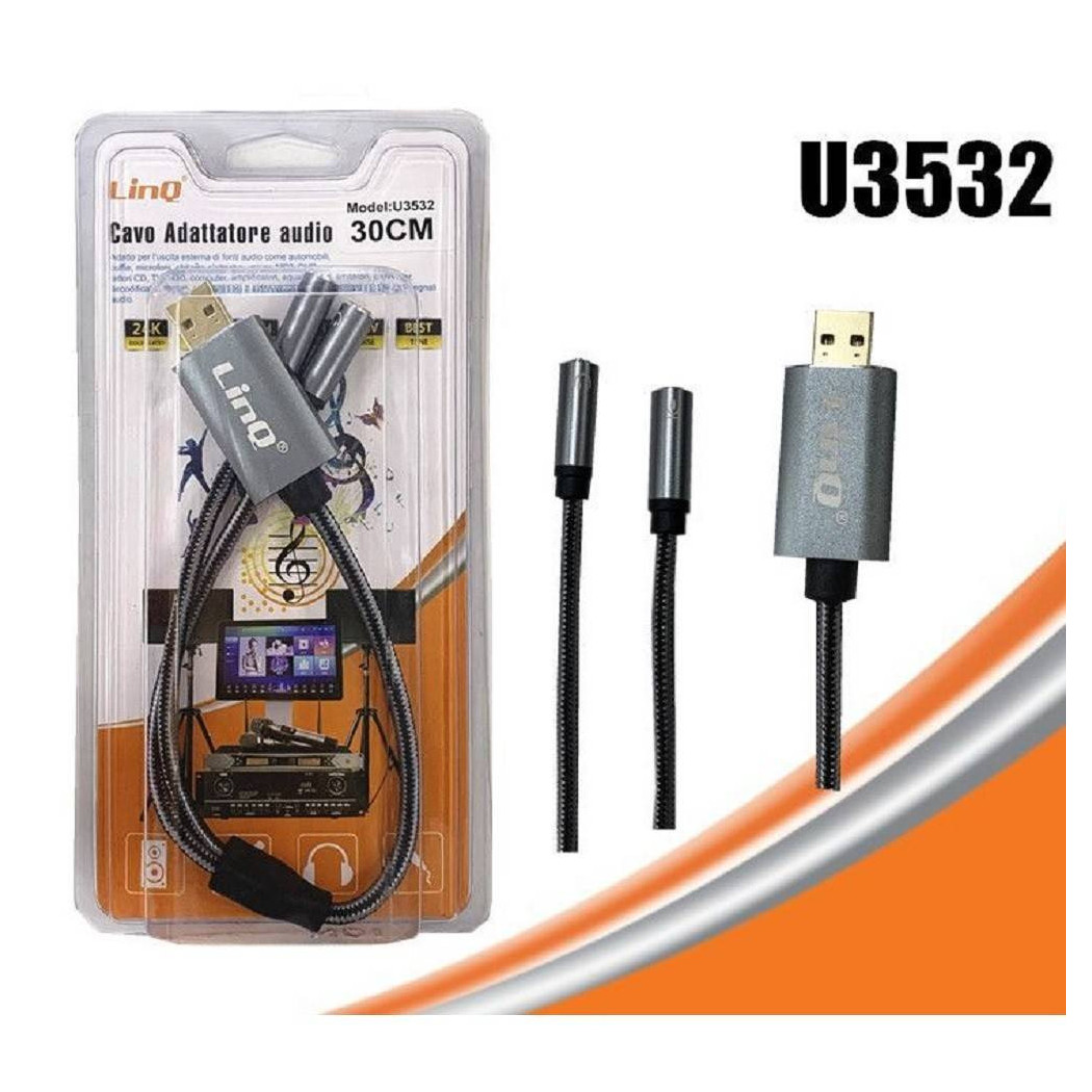 foto del prodotto trade shop traesio linq adattatore audio usb maschio a 2 jack aux 3.5mm femmina microfono cavo 30cm u3532 