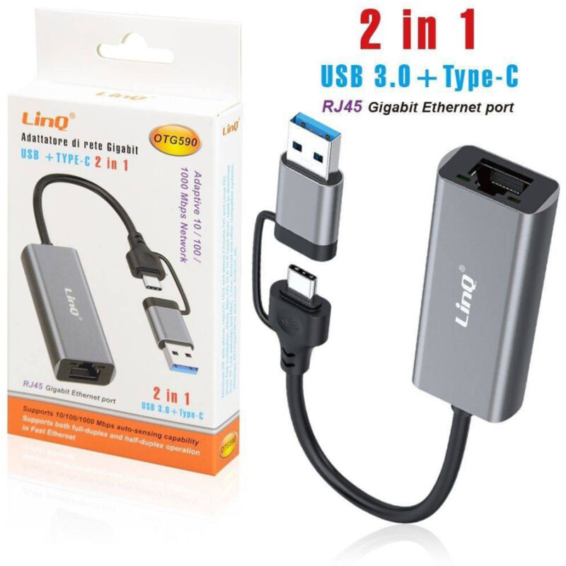 foto del prodotto trade shop traesio linq adattatore di rete gigabit ethernet porta rj45 2 in 1 usb 3.0 type c otg590 