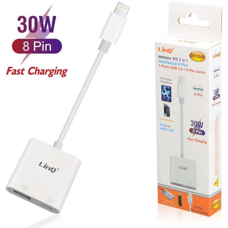 foto del prodotto trade shop traesio linq adattatore otg 2in1 interfaccia 8 pin a porta usb2.0 lightning carica 30w otg597 