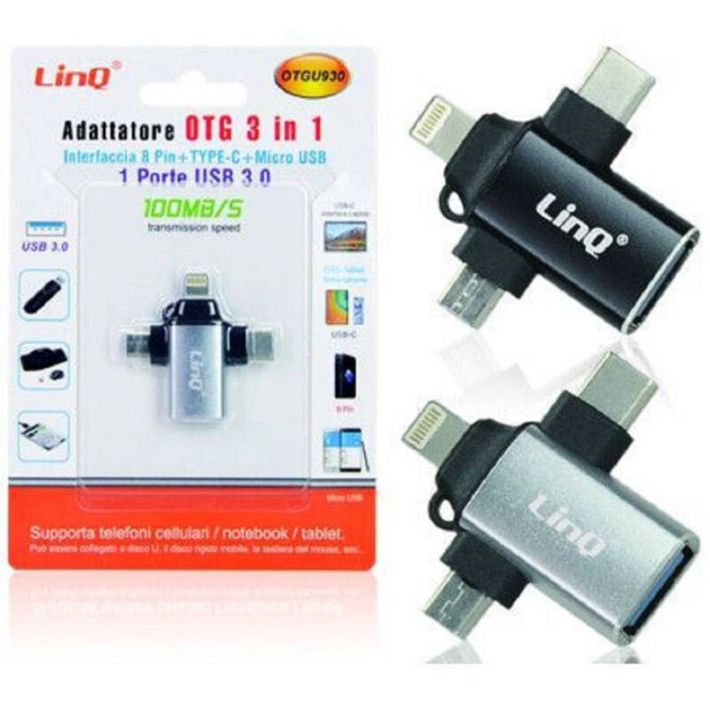 foto del prodotto trade shop traesio linq adattatore otg da usb c micro usb lightning verso usb 3.0 femmina 3 in 1 otqu930 