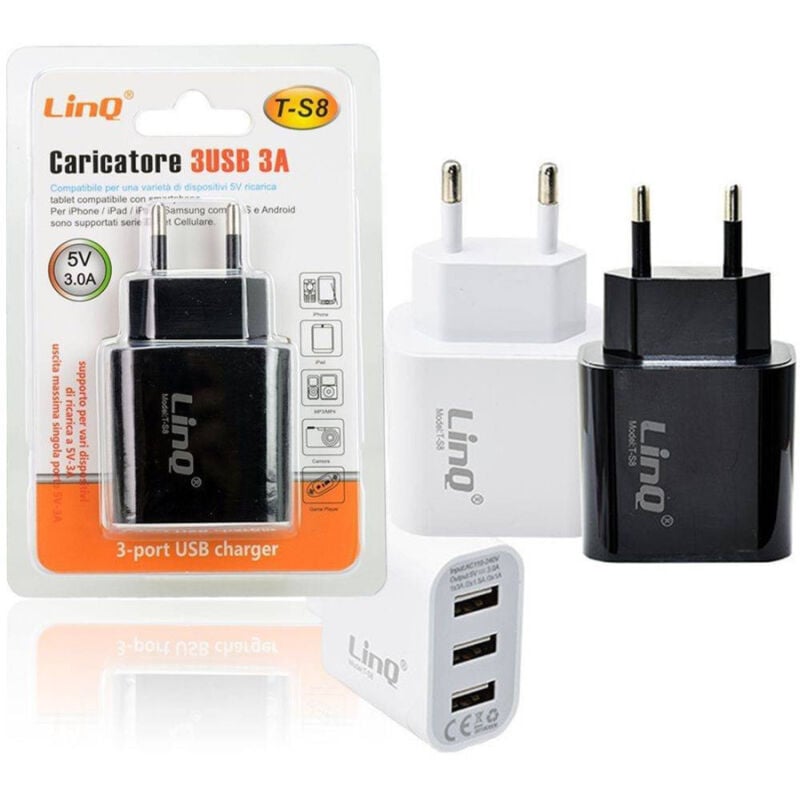 foto del prodotto trade shop traesio linq alimentatore caricabatterie adattatore caricatore con 3 porte usb rete 5v 3a t s8 