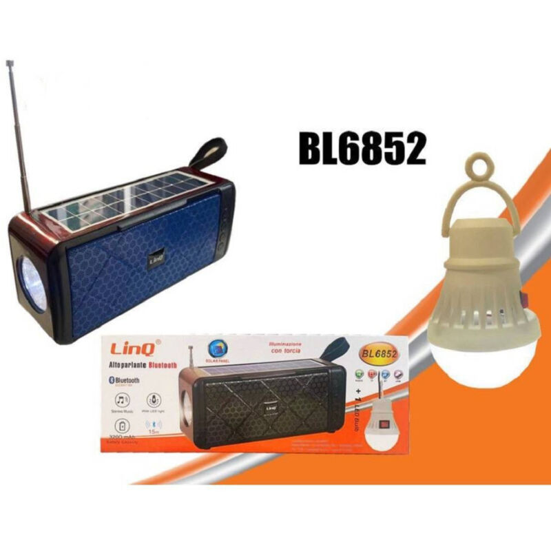 foto del prodotto trade shop traesio linq altoparlante cassa speaker bluetooth pannello solare torcia lampadina led bl6852 