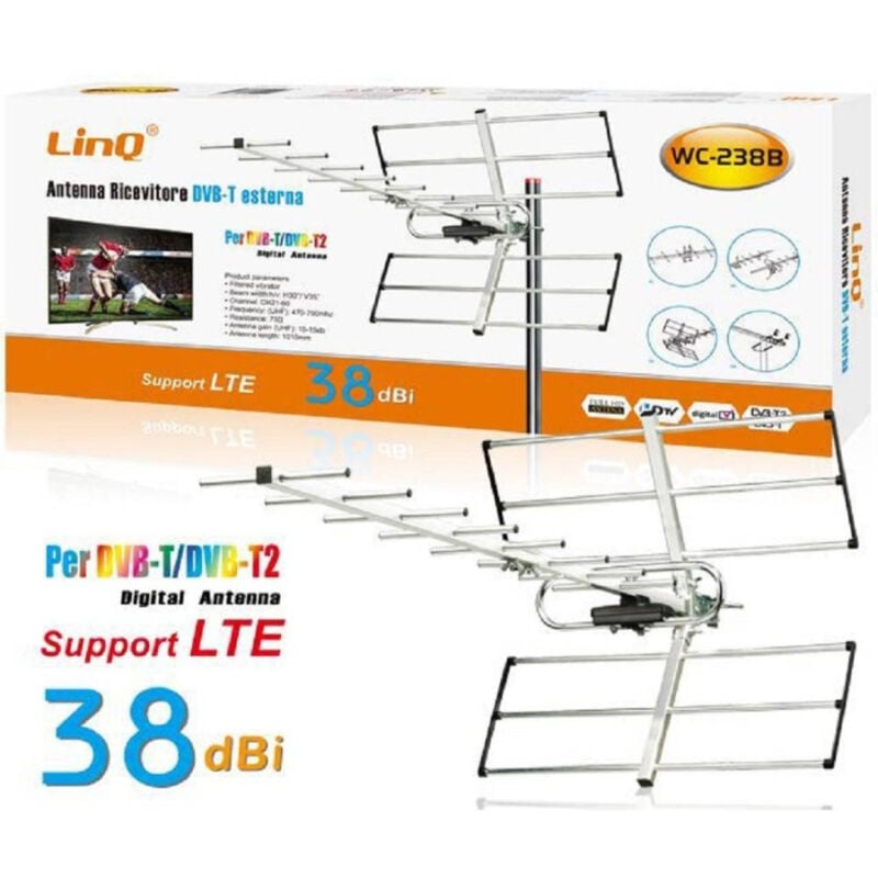 foto del prodotto trade shop traesio linq antenna tv uhf dvb t dvb t2 digitale esterno amplificata ricevitore 38dbi wc 238b 
