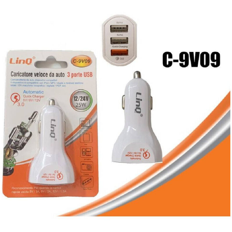 foto del prodotto trade shop traesio linq caricabatteria da auto caricatore ricarica veloce 3 porte usb 12 24v 25w c 9v09 