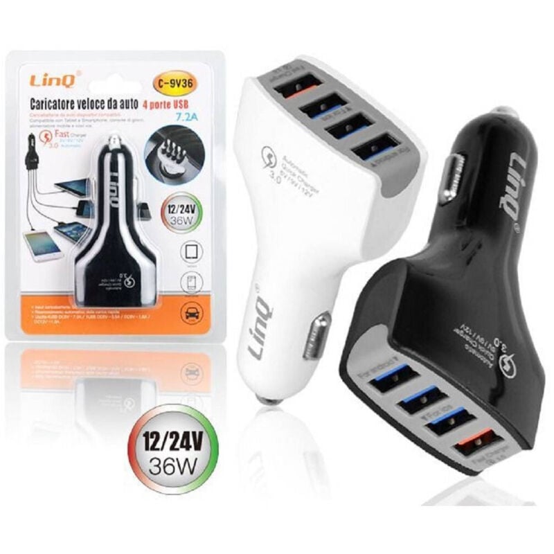 foto del prodotto trade shop traesio - linq - caricabatteria da auto ricarica veloce 4 porte usb 5v 9v 12v 24v 7.2a 36w c-9v36 -