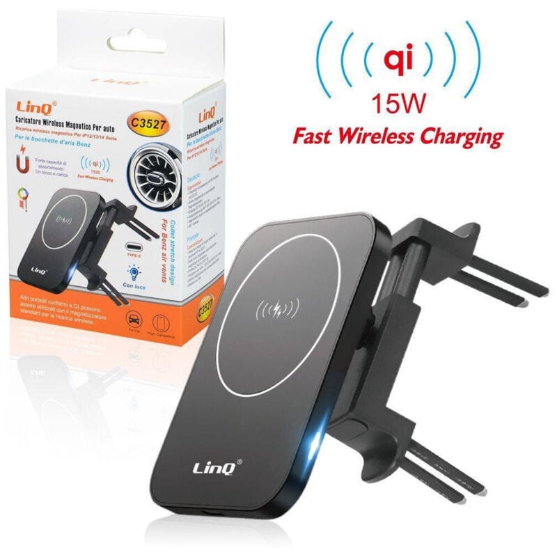 foto del prodotto trade shop traesio linq caricabatteria wireless auto qi 15w smartphone presa aria mercedes benz luce c3527 