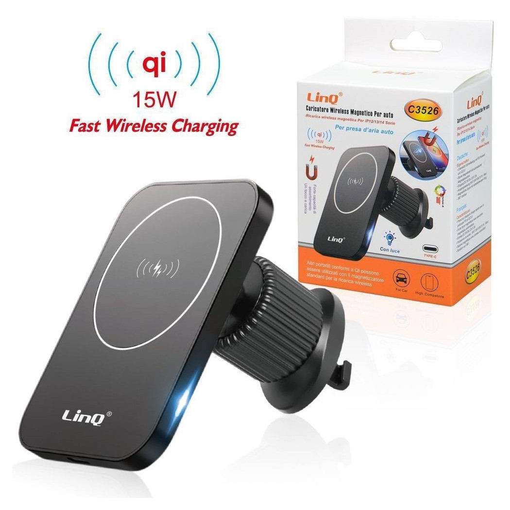 foto del prodotto trade shop traesio linq caricabatteria wireless magnetico per presa d aria auto qi 15 w smartphone c3526 