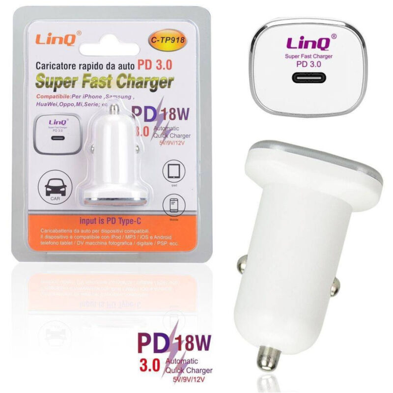 foto del prodotto trade shop traesio linq caricabatterie adattatore rapido da auto pd type c 3.0 super fast 18 w c tp918 