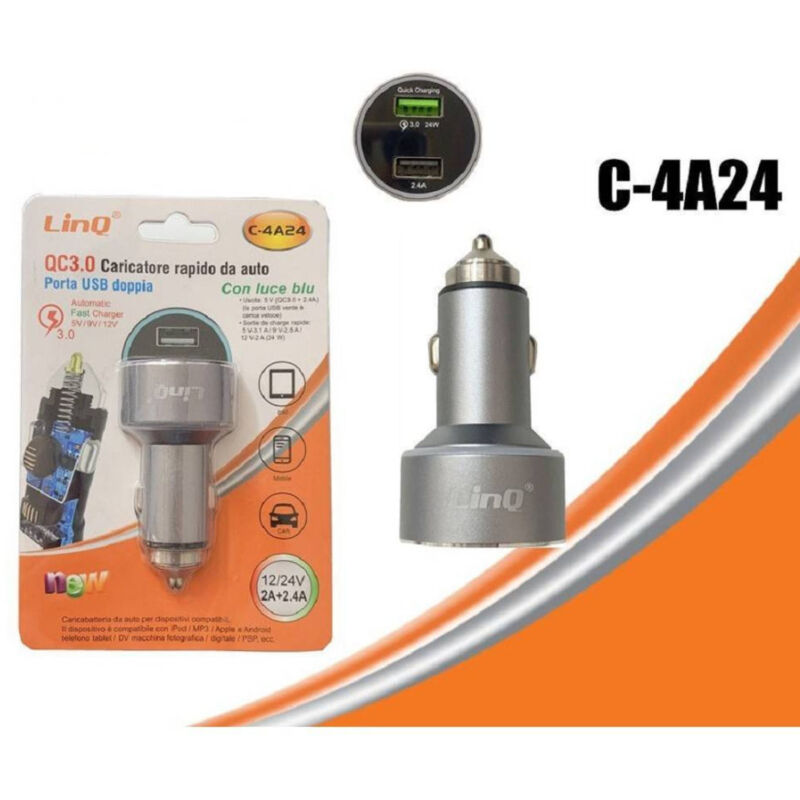 foto del prodotto trade shop traesio linq caricabatterie alimentatore caricatore da auto 2 usb 2a 2.4a con luce blu c 4a24 