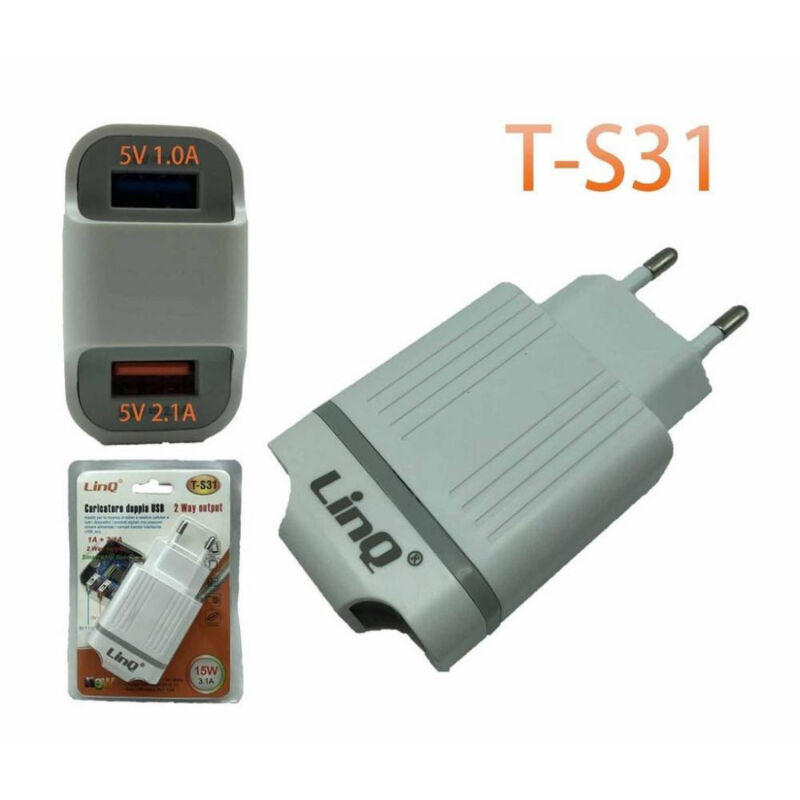 foto del prodotto trade shop traesio linq caricabatterie alimentatore doppia usb 1a 2.1a 5v 15w smartphone tablet t s31 