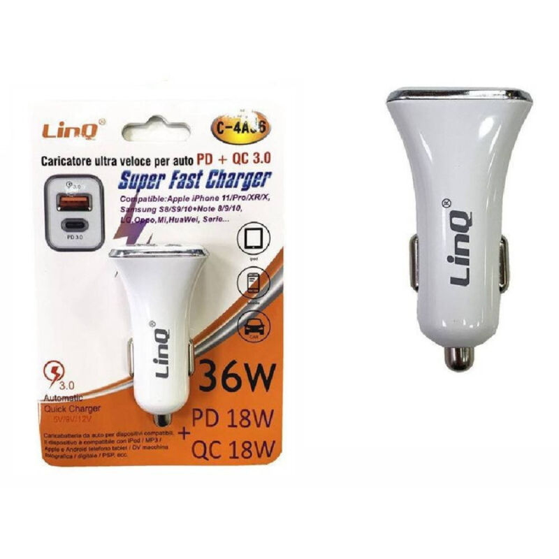 foto del prodotto trade shop traesio linq caricabatterie caricatore da auto adattatore ultra rapido pd qc 3.0 36w c 4a36 