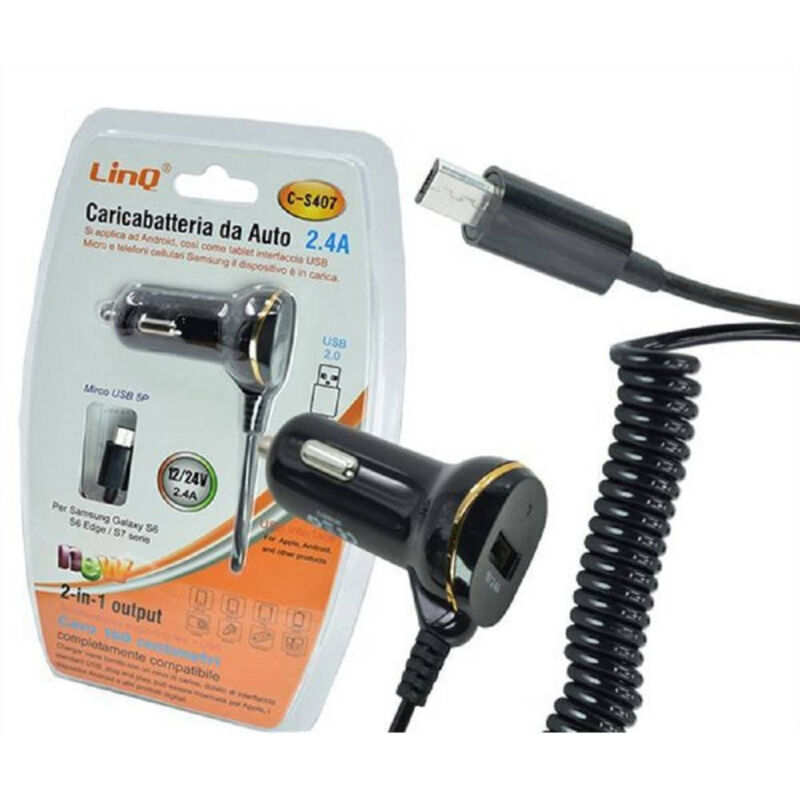 foto del prodotto trade shop traesio linq caricabatterie da auto cavo micro usb 150cm 12 24v 2.4a tablet cellulari c s407 