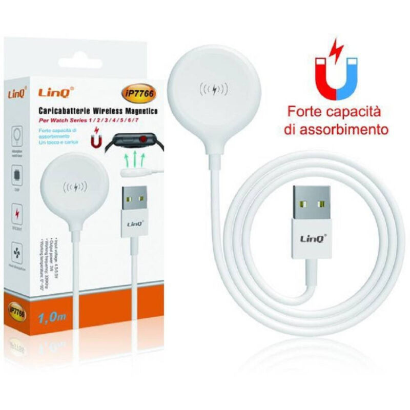 foto del prodotto trade shop traesio linq caricabatterie wireless magnetico per watch potenza 3w cavo usb 1 metro ip7766 