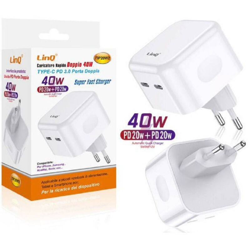 foto del prodotto trade shop traesio linq caricatore doppio type c pd 3.0 40w tip20w2 caricabatterie universale rapido 