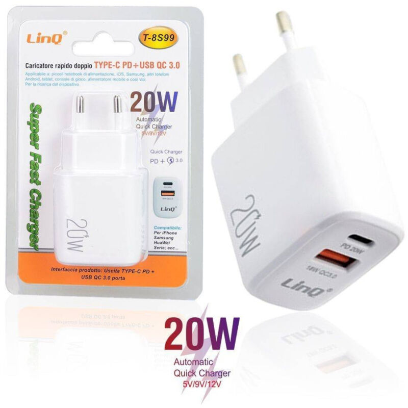 foto del prodotto trade shop traesio linq caricatore rapido doppio type c pd usb qc 3.0 super fast charger 20w t 8s99 