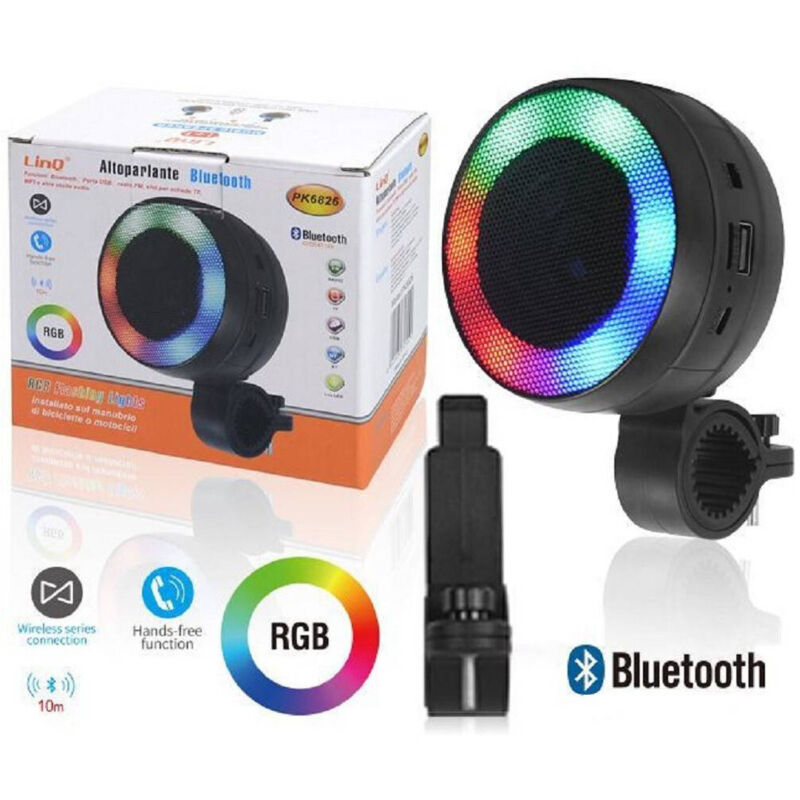 foto del prodotto trade shop traesio - linq - cassa speaker altoparlante bluetooth led rgb per manubrio bici bicicletta pk6826 -