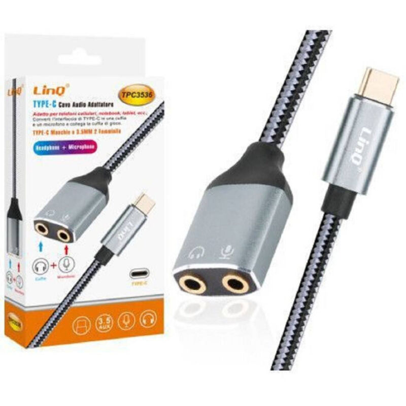 foto del prodotto trade shop traesio linq cavo adattatore audio da type c a doppio jack 3,5mm cuffie microfono tpc3536 