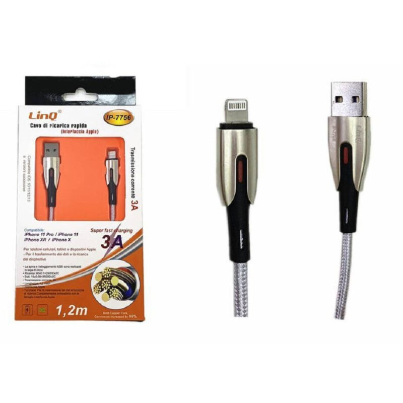 foto del prodotto trade shop traesio linq cavo di ricarica rapida 3a usb interfaccia lightning iphone ios 1.2 mt ip 7756 