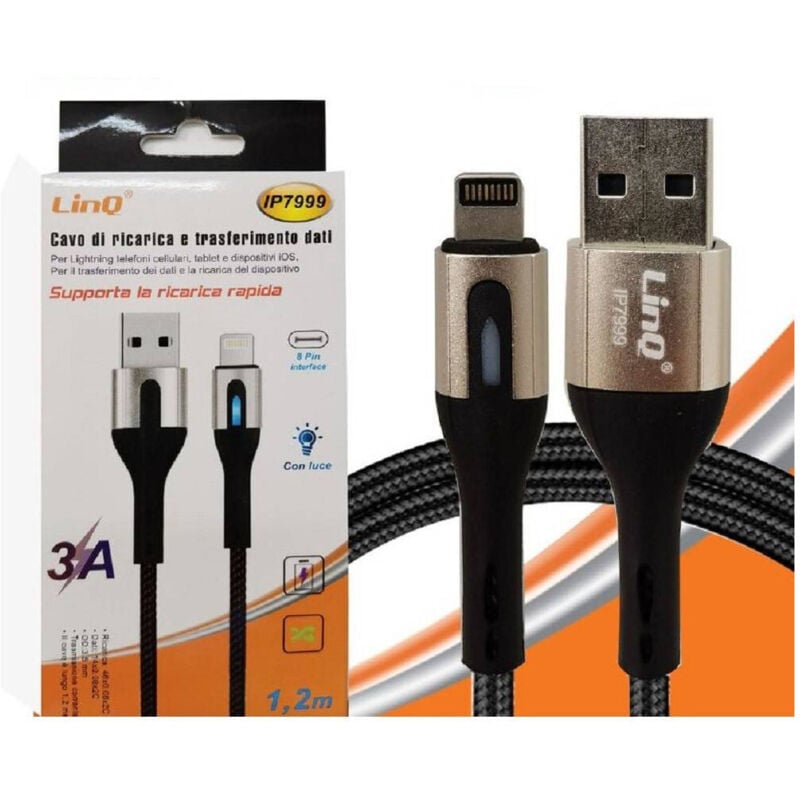 foto del prodotto trade shop traesio linq cavo ricarica rapida trasferimento dati usb lightning luminosa 3a 120 cm ip7999 