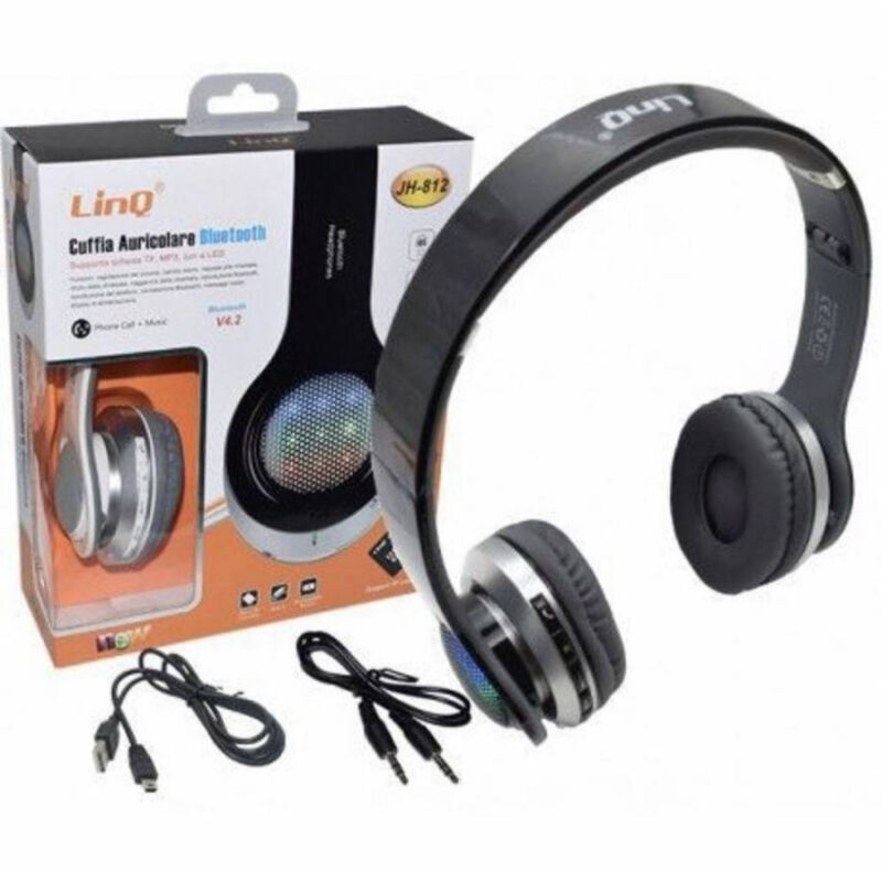 foto del prodotto trade shop traesio linq cuffie auricolare bluetooth wireless con lettore scheda microsd luci led jh 812 