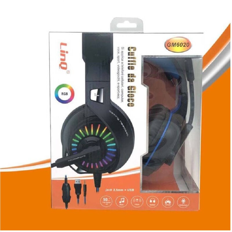 foto del prodotto trade shop traesio linq cuffie stereo con microfono jack 3.5mm usb con led gaming giochi film pc gm6020 
