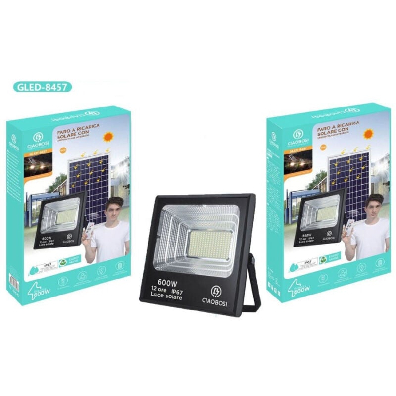 foto del prodotto trade shop traesio linq faro a led luce ricarica solare ip67 600w con crepuscolare telecomando gled 8457 