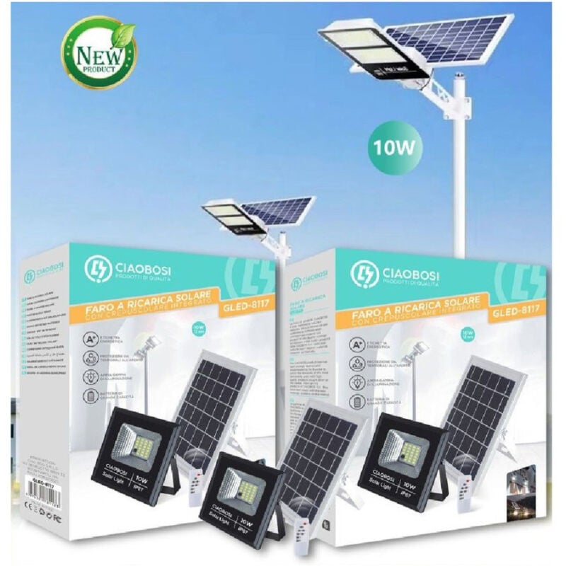 foto del prodotto trade shop traesio linq faro faretto led pannello a ricarica solare 10 w ip67 con telecomando gled 8117 