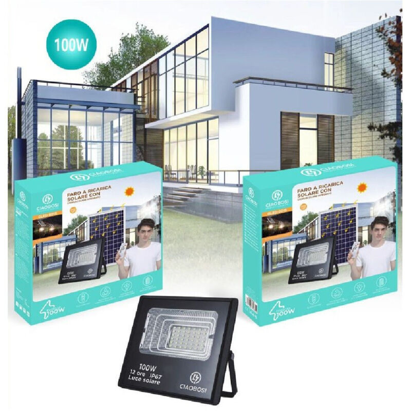 foto del prodotto trade shop traesio - linq - faro faretto led pannello solare fotovoltaico 100w con crepuscolare ip67 led-9015 -