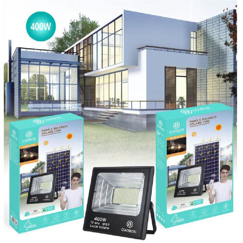 foto del prodotto trade shop traesio - linq - faro faretto led pannello solare fotovoltaico 400w ip67 con crepuscolare led-9752 -