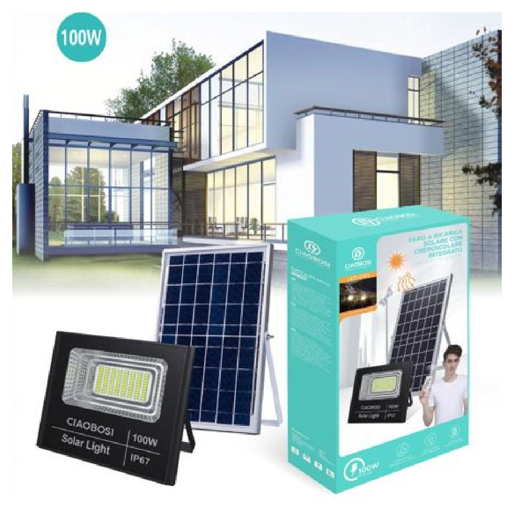 foto del prodotto trade shop traesio linq faro faretto led pannello solare fotovoltaico ip67 100w con telecomando led 8193 