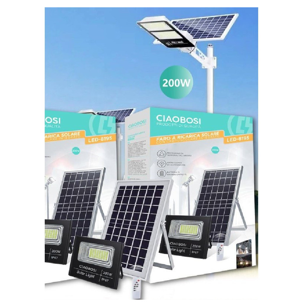 foto del prodotto trade shop traesio linq faro faretto led pannello solare fotovoltaico ip67 200w con telecomando led 8195 