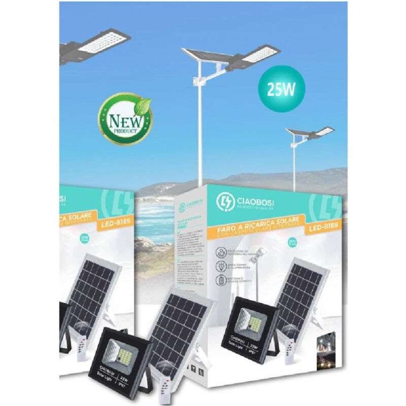 foto del prodotto trade shop traesio linq faro faretto led pannello solare fotovoltaico ip67 25w con telecomando led 8189 