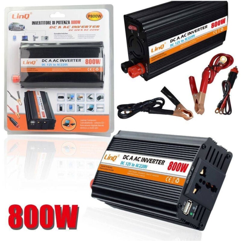 foto del prodotto trade shop traesio linq inverter di potenza 800w 12v 220v convertitore tasto on off pinze batteria p800w 