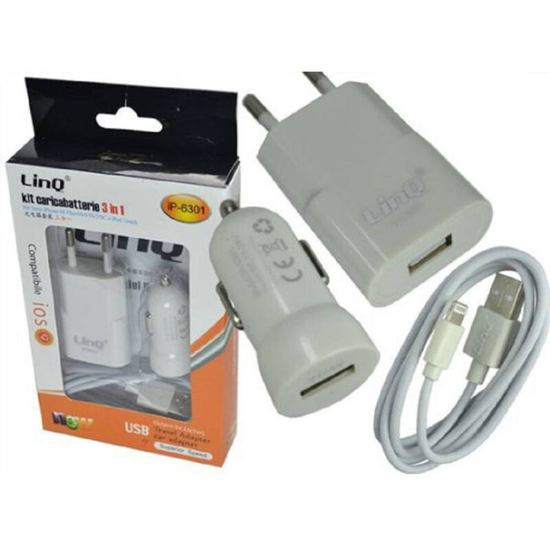 foto del prodotto trade shop traesio linq kit caricabatterie 3 in 1 adattatore auto rete cavo usb lightning 1 mt ip 6301 