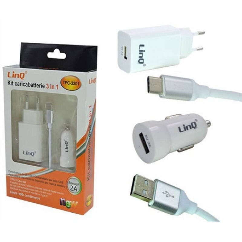 foto del prodotto trade shop traesio linq kit caricabatterie 3in1 adattatore caricatore auto rete cavo usb tipo c tpc 3301 