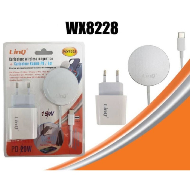 foto del prodotto trade shop traesio linq kit caricabatterie ad induzione wireless magnetico 15w caricatore rete tipo c wx8228 