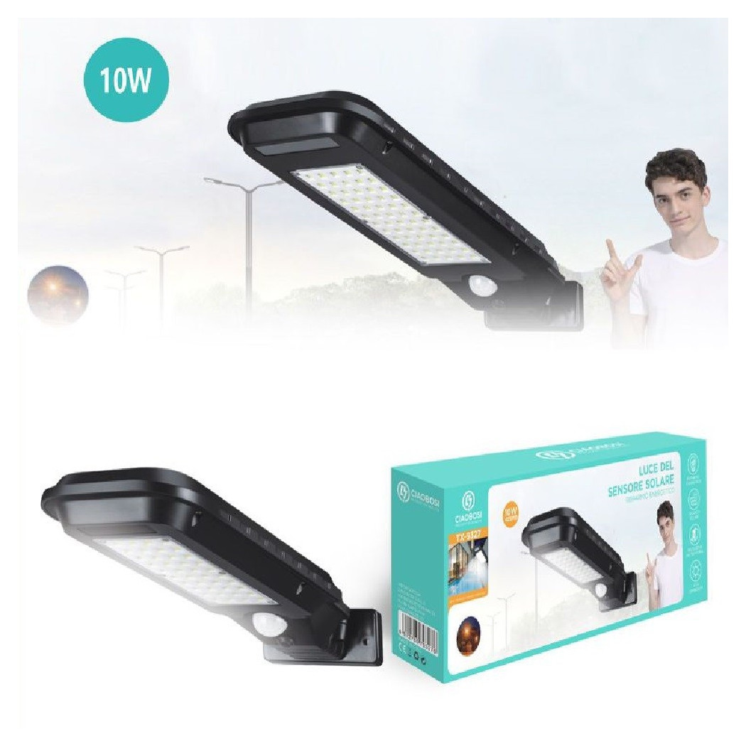 foto del prodotto trade shop traesio linq lampione pannello solare sensore fotovoltaico 60 led faro stradale 10 w tx 9327 