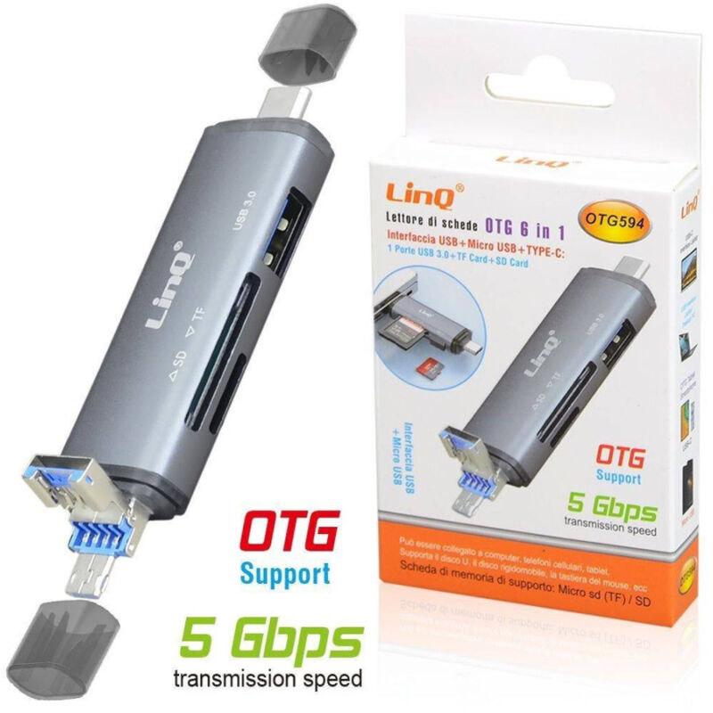 foto del prodotto trade shop traesio linq lettore schede memory card otg 6in1 usb microusb type c usb3.0 tf sd card otg594 