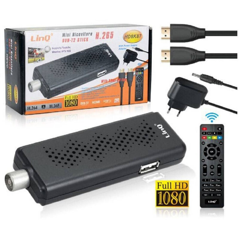 foto del prodotto trade shop traesio linq mini decoder digitale terrestre dvb t2 dongle stick hdmi hevc h.265 1080p hd8k87 