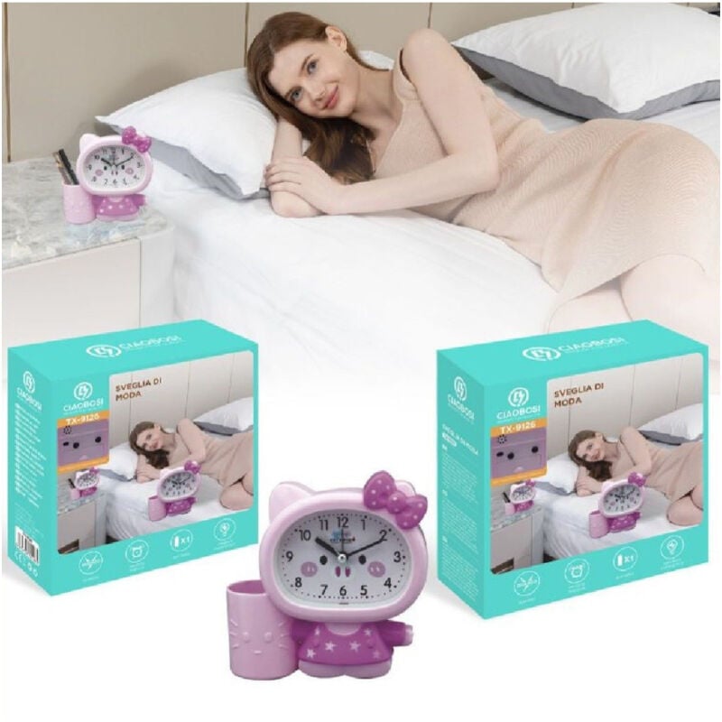 foto del prodotto trade shop traesio linq orologio analogico sveglia a forma di gattino da tavolo con portapenne tx 9126 