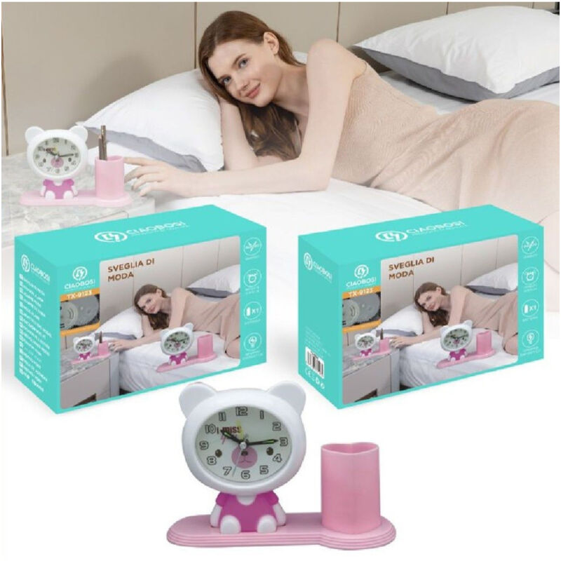 foto del prodotto trade shop traesio linq orologio analogico sveglia a forma di orsacchiotto con portapenne tavolo tx 9123 