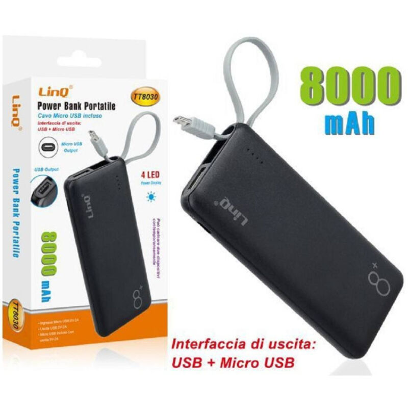 foto del prodotto trade shop traesio linq power bank batteria esterna portatile ricaricabile 8000mah con micro usb tt8030 